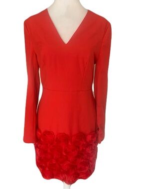 NWT Fehaute Size 4 Red V-Neck Long Sleeve Mini Dress with Rose-Embellished Hem